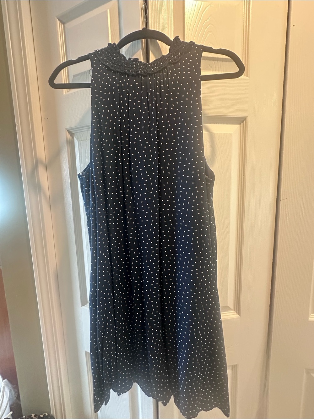 Navy Polka Dot Sleeveless Dress with Ruffle Collar